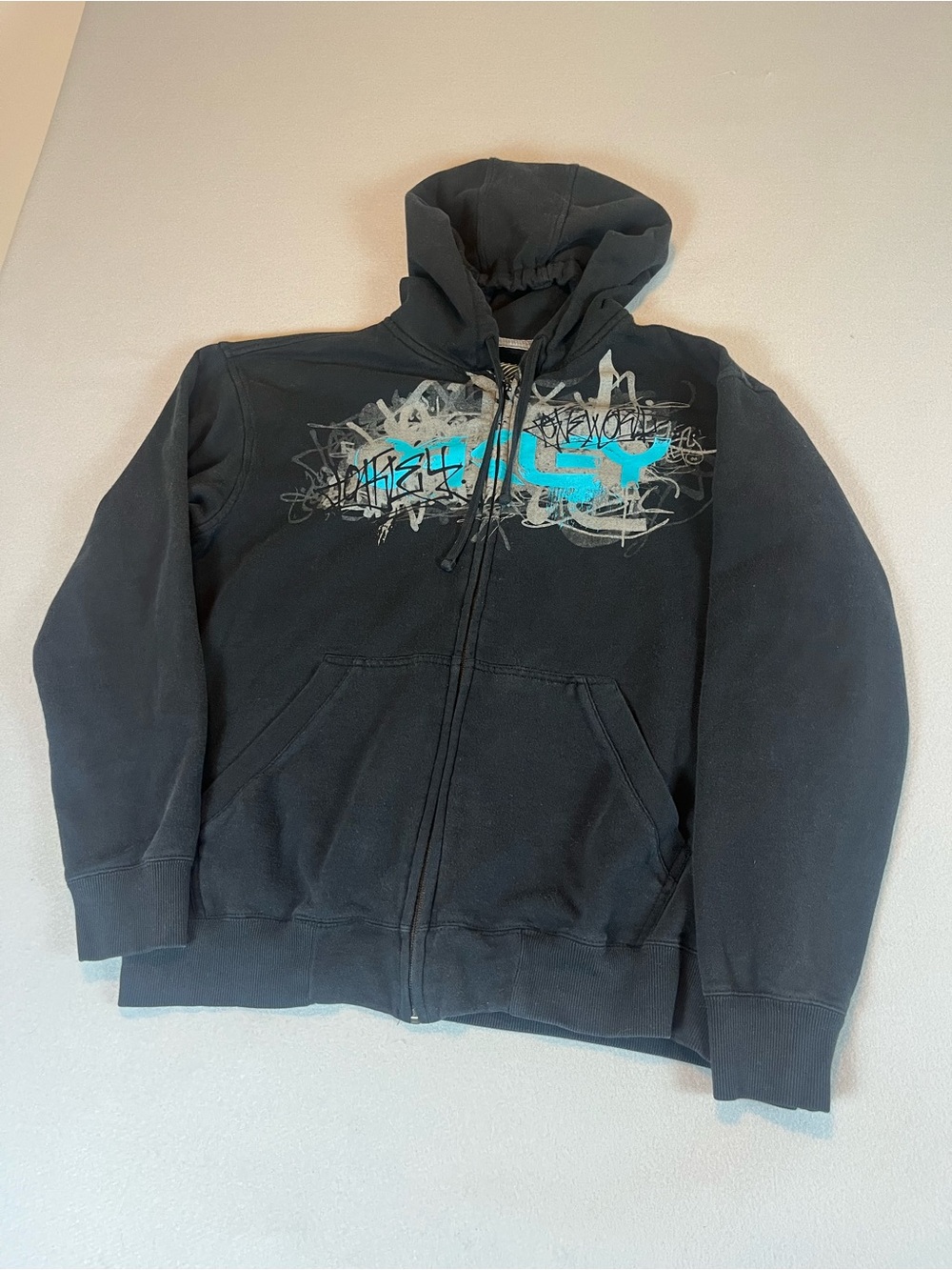 Y2K 2010 Oakley Graffiti Zip Hoodie Medium Black Cyber Grunge Skater